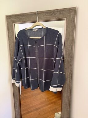 Windowpane Knit Cardigan Sweater Blazer in Dusty Blue and White